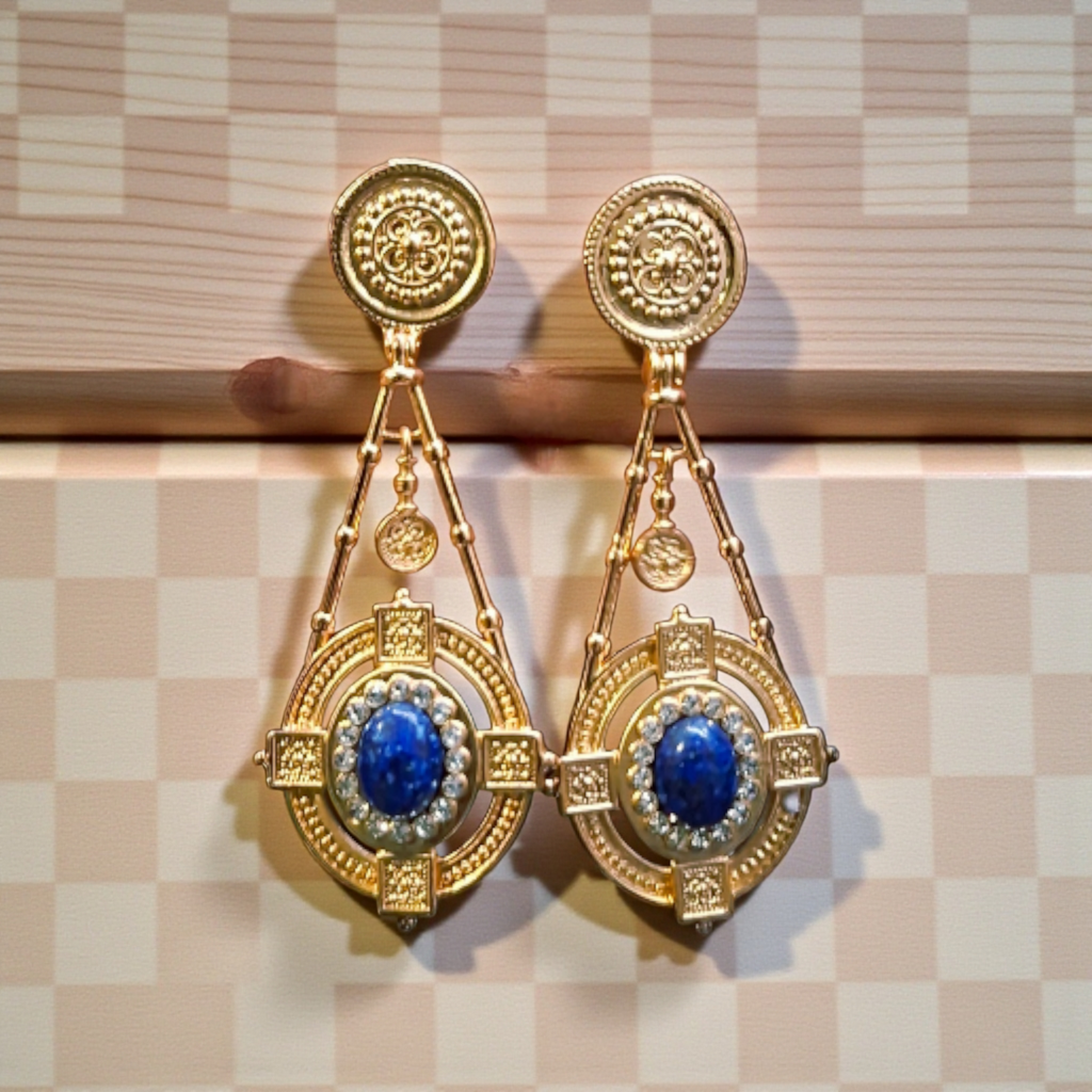 Lapis Lazuli Byzantine Shield Drop Earrings – 18K Gold Plated Statement Jewelry
