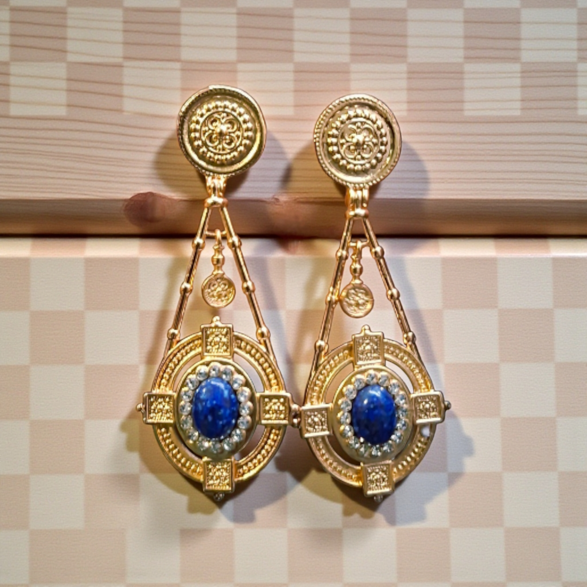Lapis Lazuli Byzantine Shield Drop Earrings – 18K Gold Plated Statement Jewelry