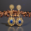 Lapis Lazuli Byzantine Shield Drop Earrings – 18K Gold Plated Statement Jewelry