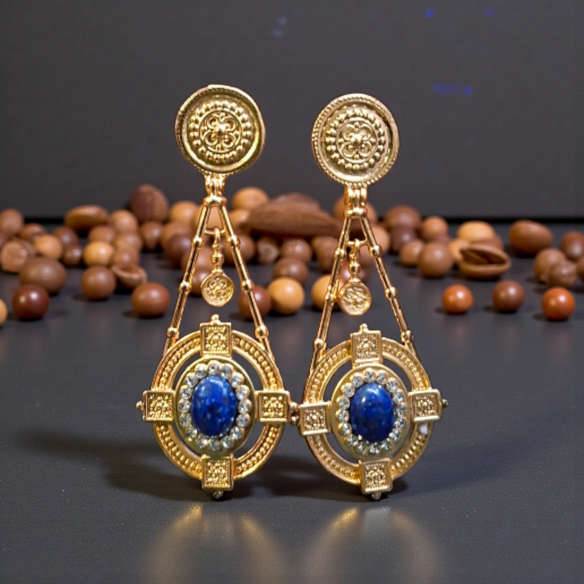 Lapis Lazuli Byzantine Shield Drop Earrings – 18K Gold Plated Statement Jewelry