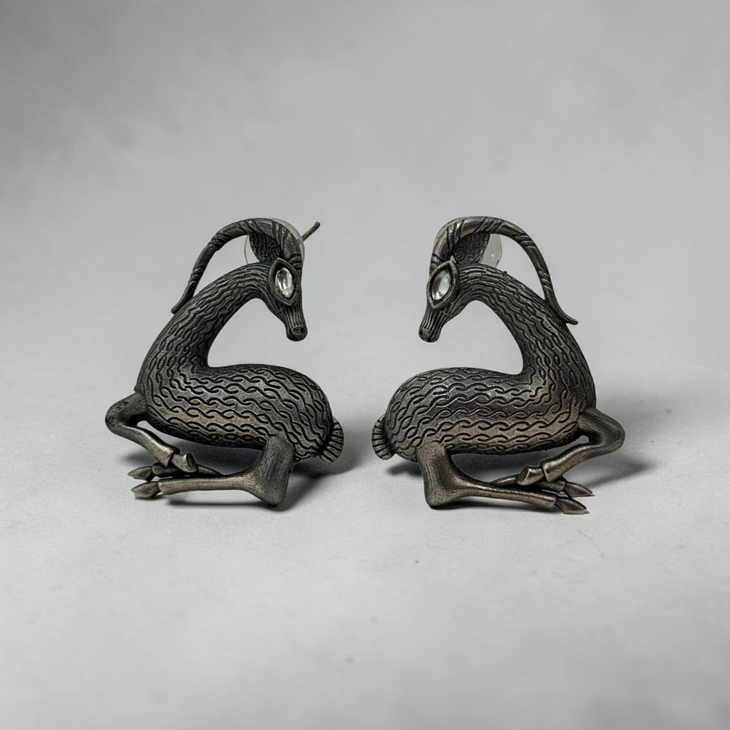 Celestial Antelope Studs | Hand-Detailed Oxidized Earrings
