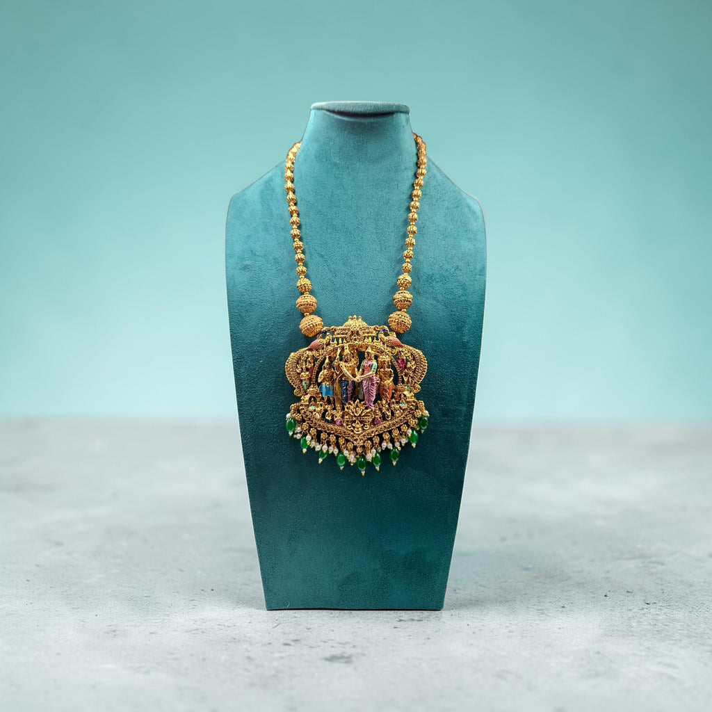 Divine Radha Krishna Temple Jewelry Necklace with Emerald Droplets