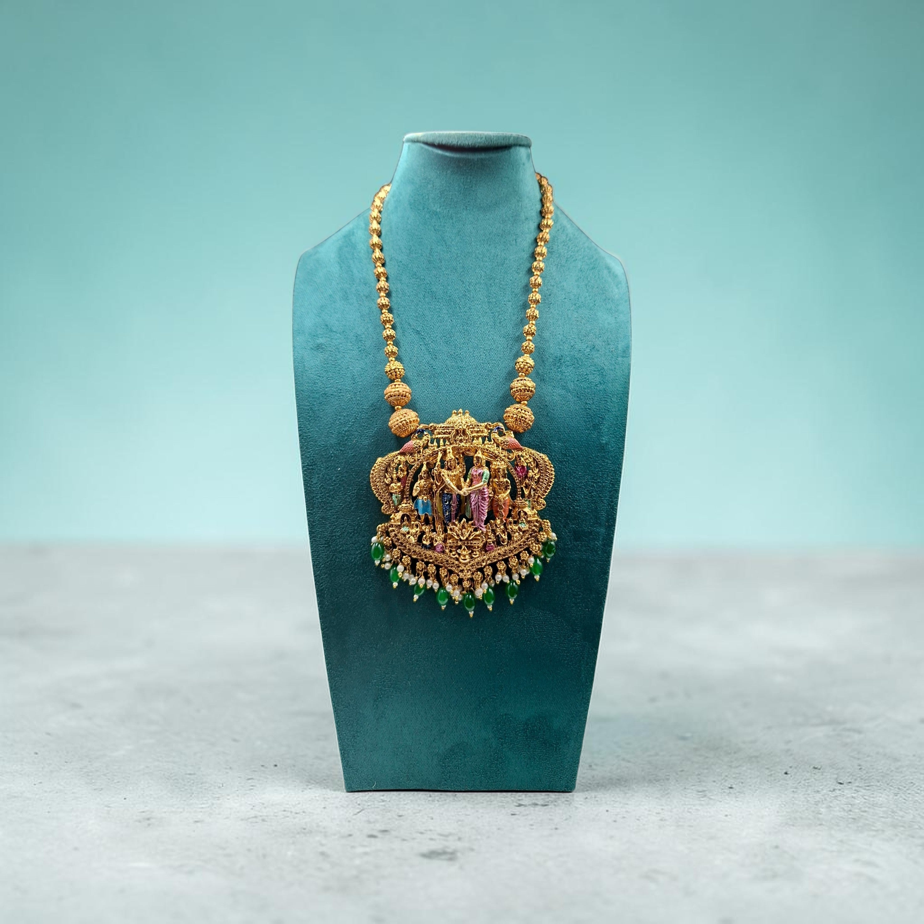 Divine Radha Krishna Temple Jewelry Necklace with Emerald Droplets