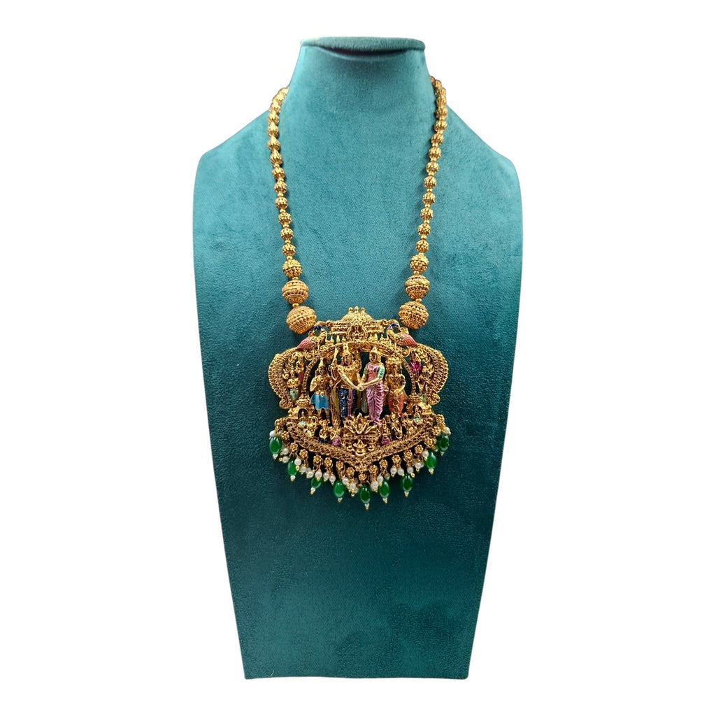 Divine Radha Krishna Temple Jewelry Necklace with Emerald Droplets