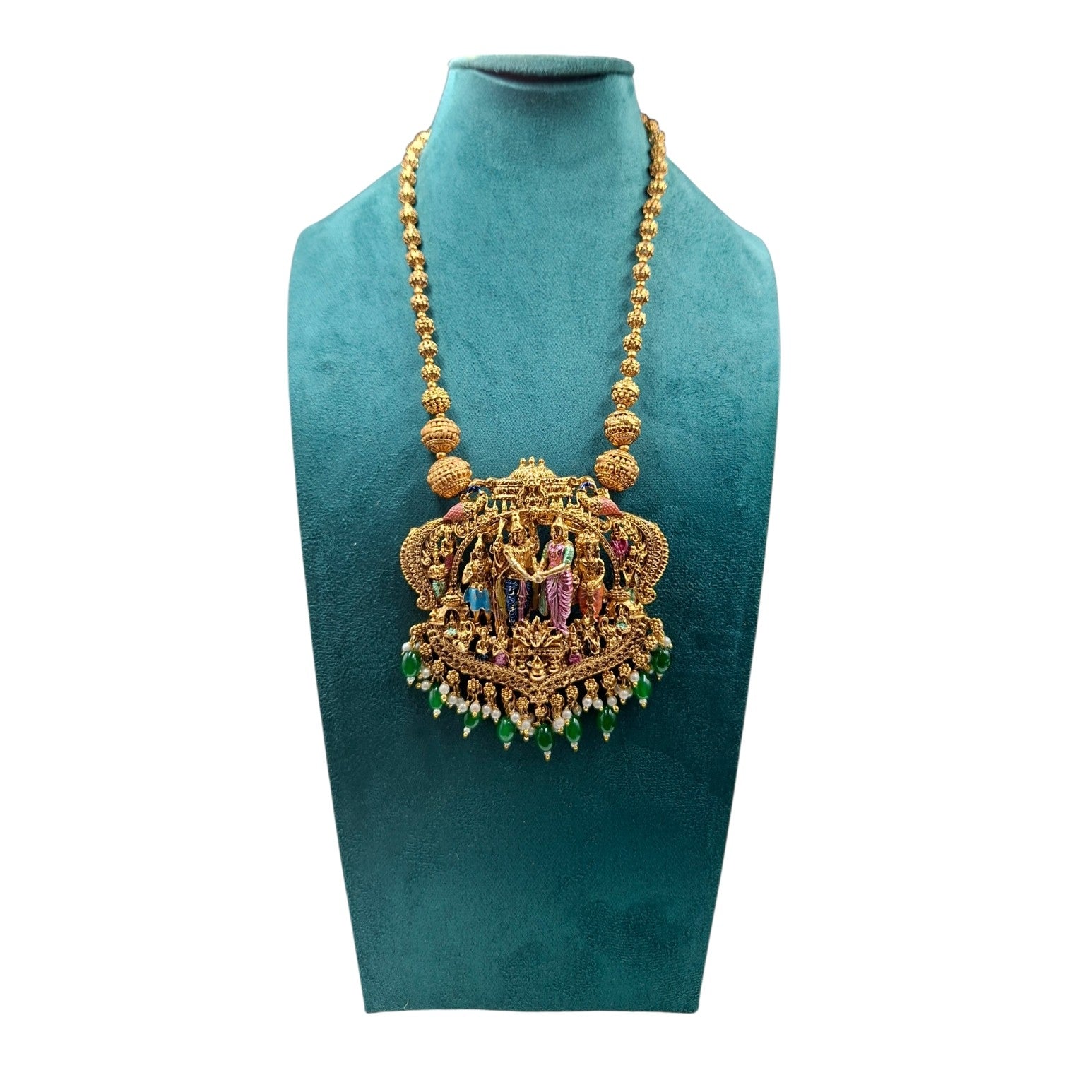 Divine Radha Krishna Temple Jewelry Necklace with Emerald Droplets