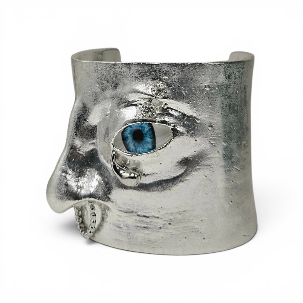 Surrealist Silver Face Cuff Bracelet – Hand-Sculpted Avant-Garde Jewelry