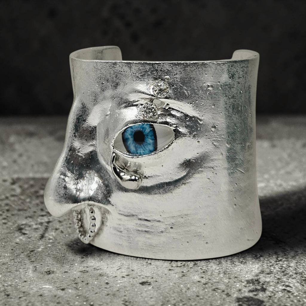 Surrealist Silver Face Cuff Bracelet – Hand-Sculpted Avant-Garde Jewelry