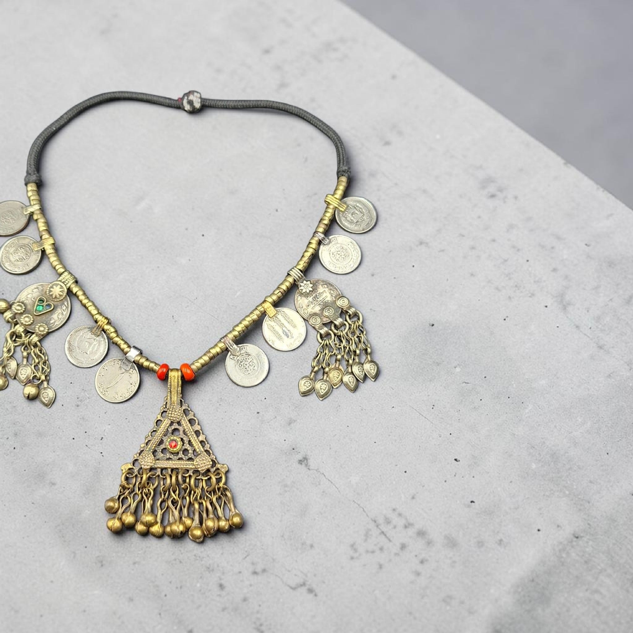 Vintage Tribal Coin Statement Necklace with Filigree Pendant
