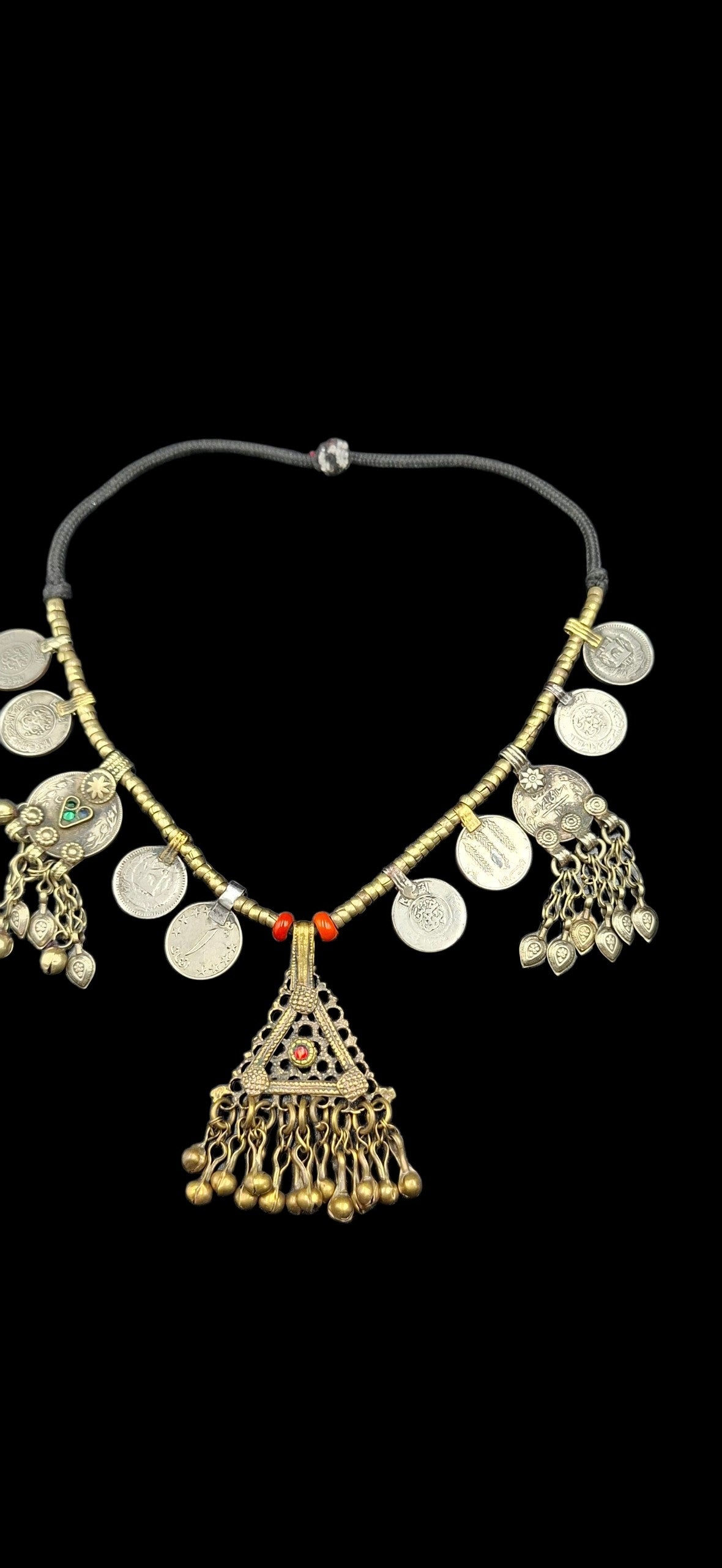 Vintage Tribal Coin Statement Necklace with Filigree Pendant