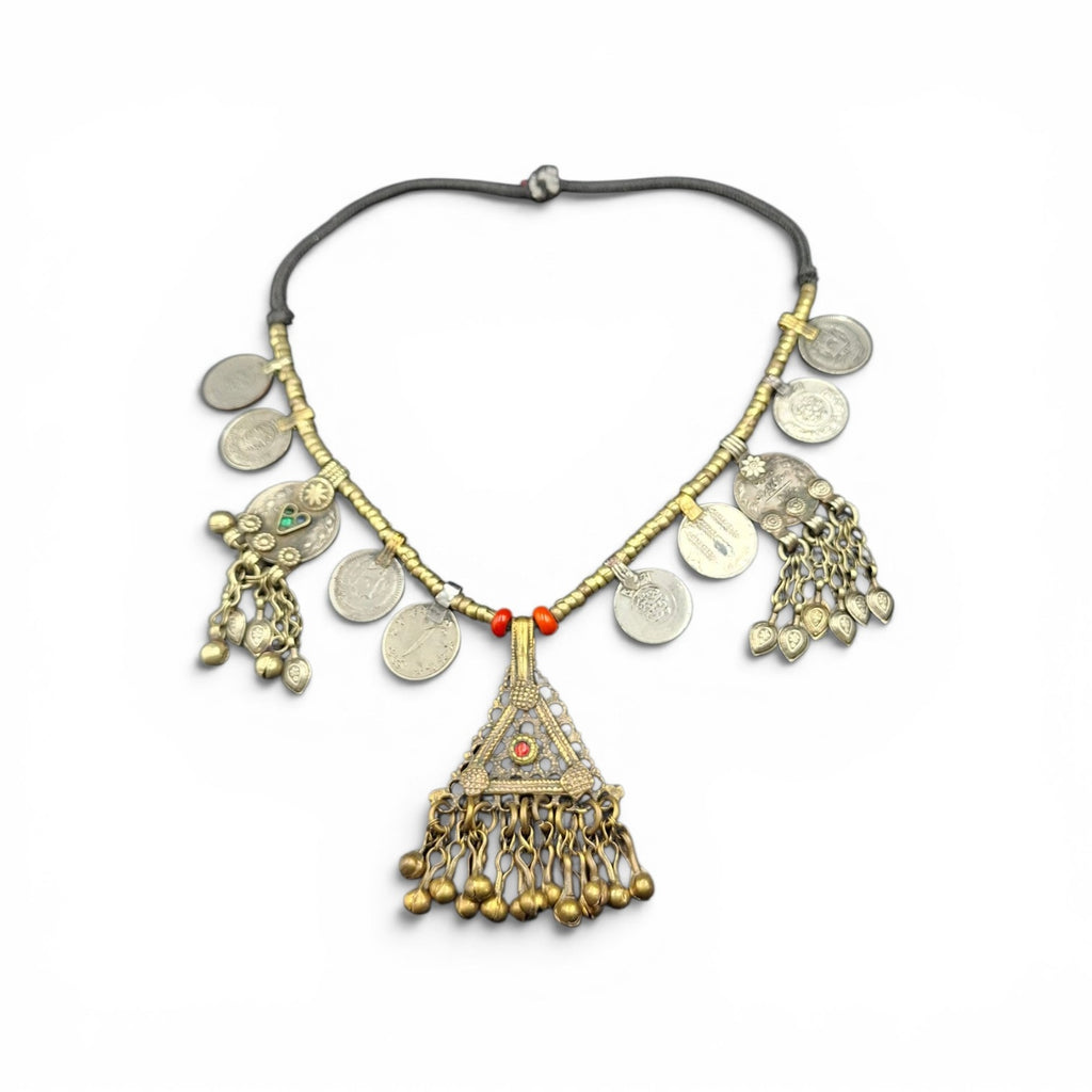 Vintage Tribal Coin Statement Necklace with Filigree Pendant