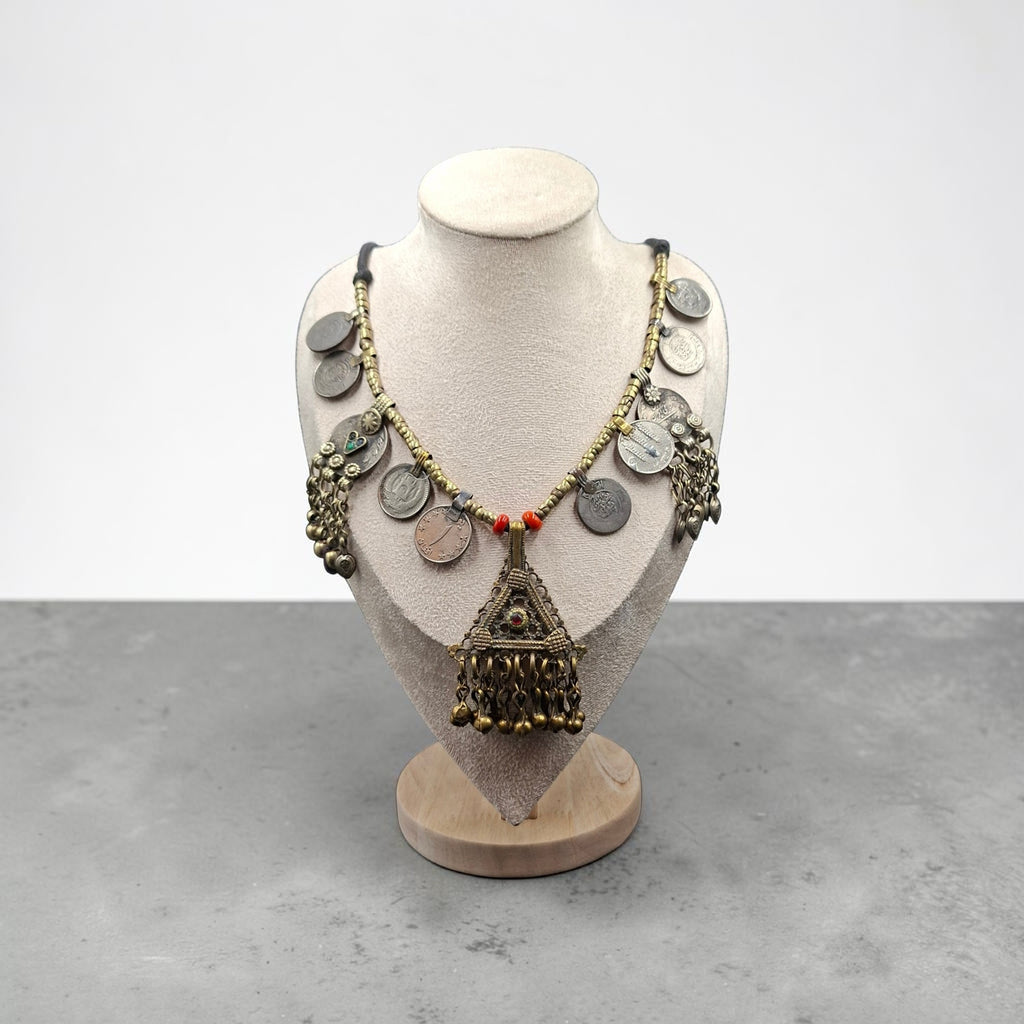 Vintage Tribal Coin Statement Necklace with Filigree Pendant