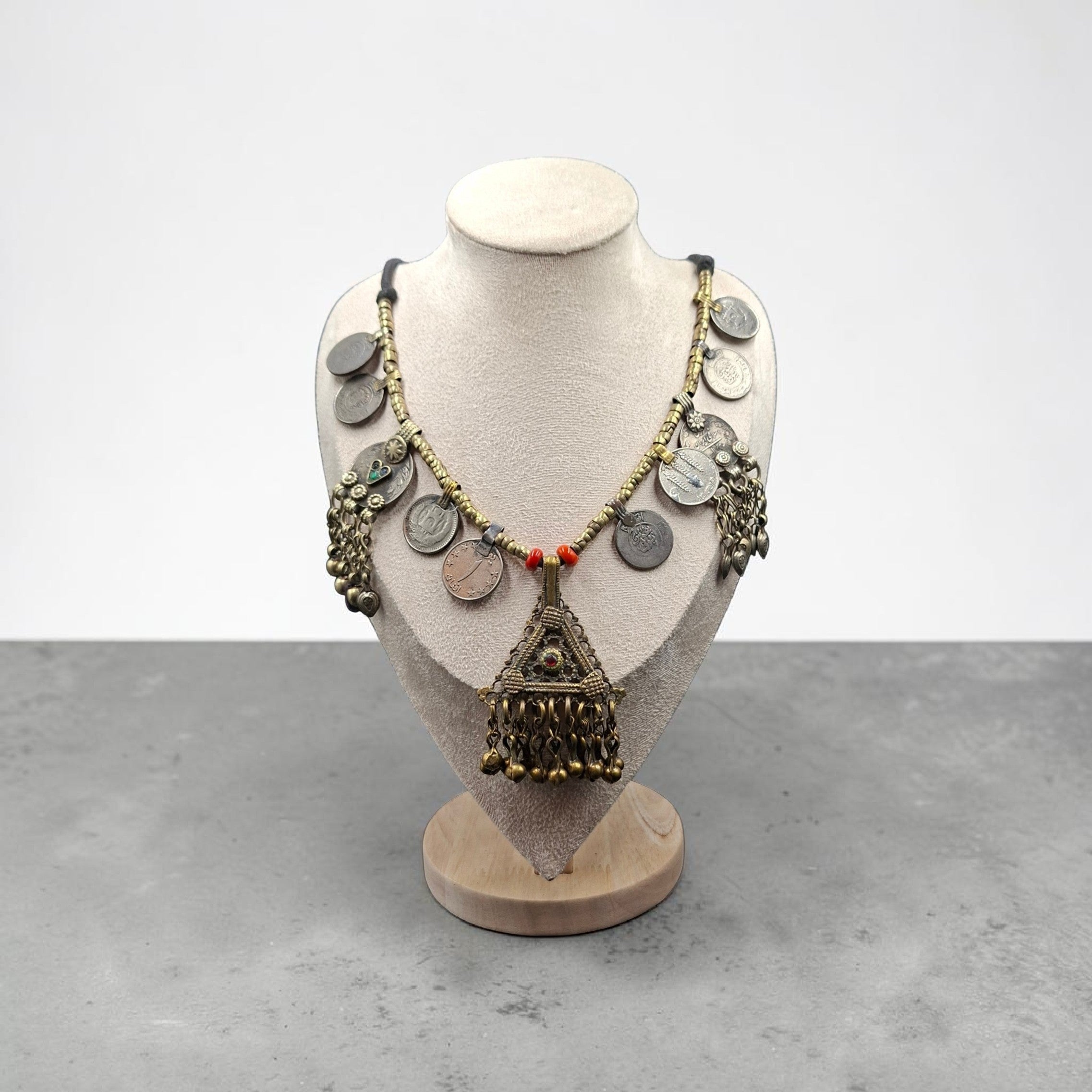 Vintage Tribal Coin Statement Necklace with Filigree Pendant