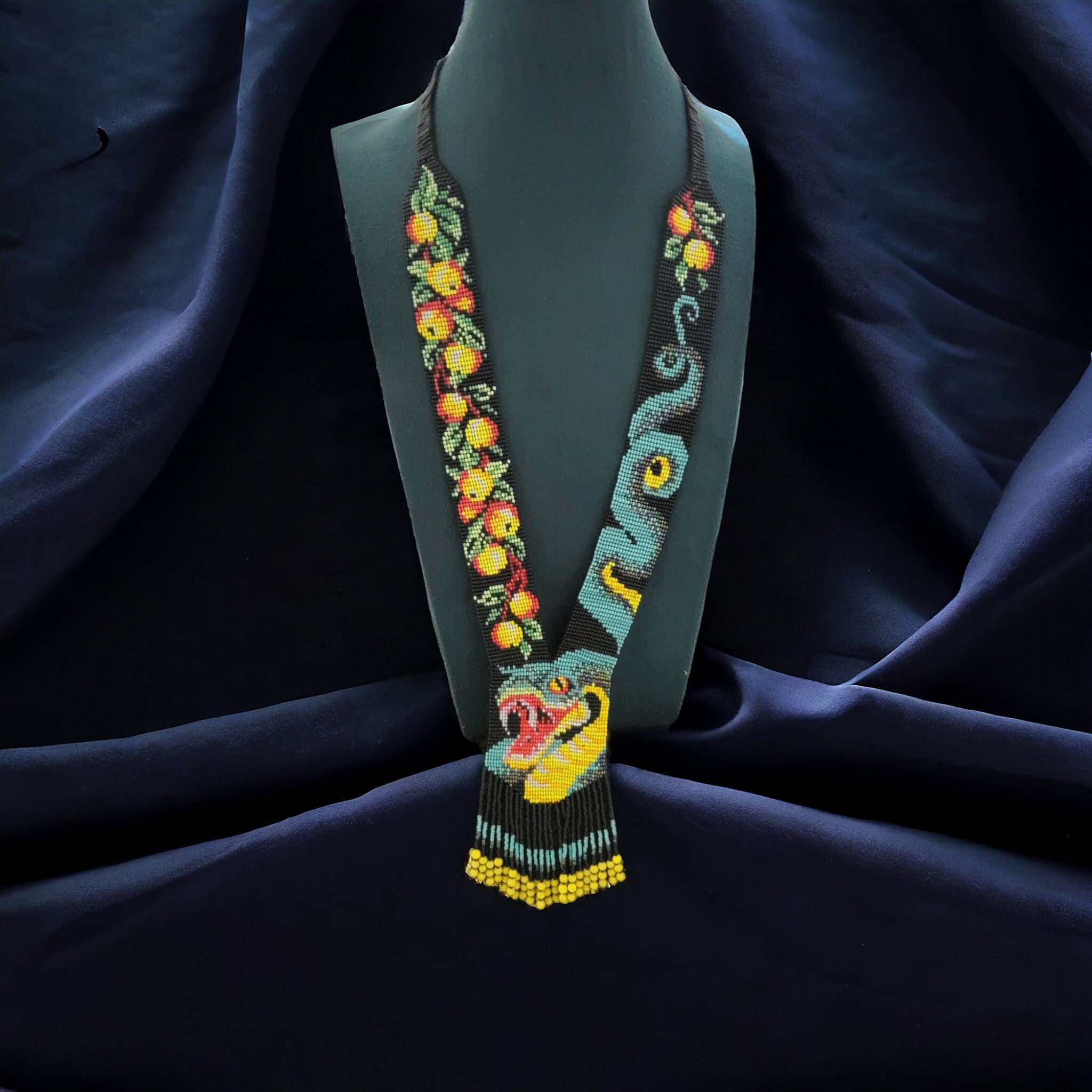 Artisan Loom Beaded Necklace with Serpent and Fruit Motifs
