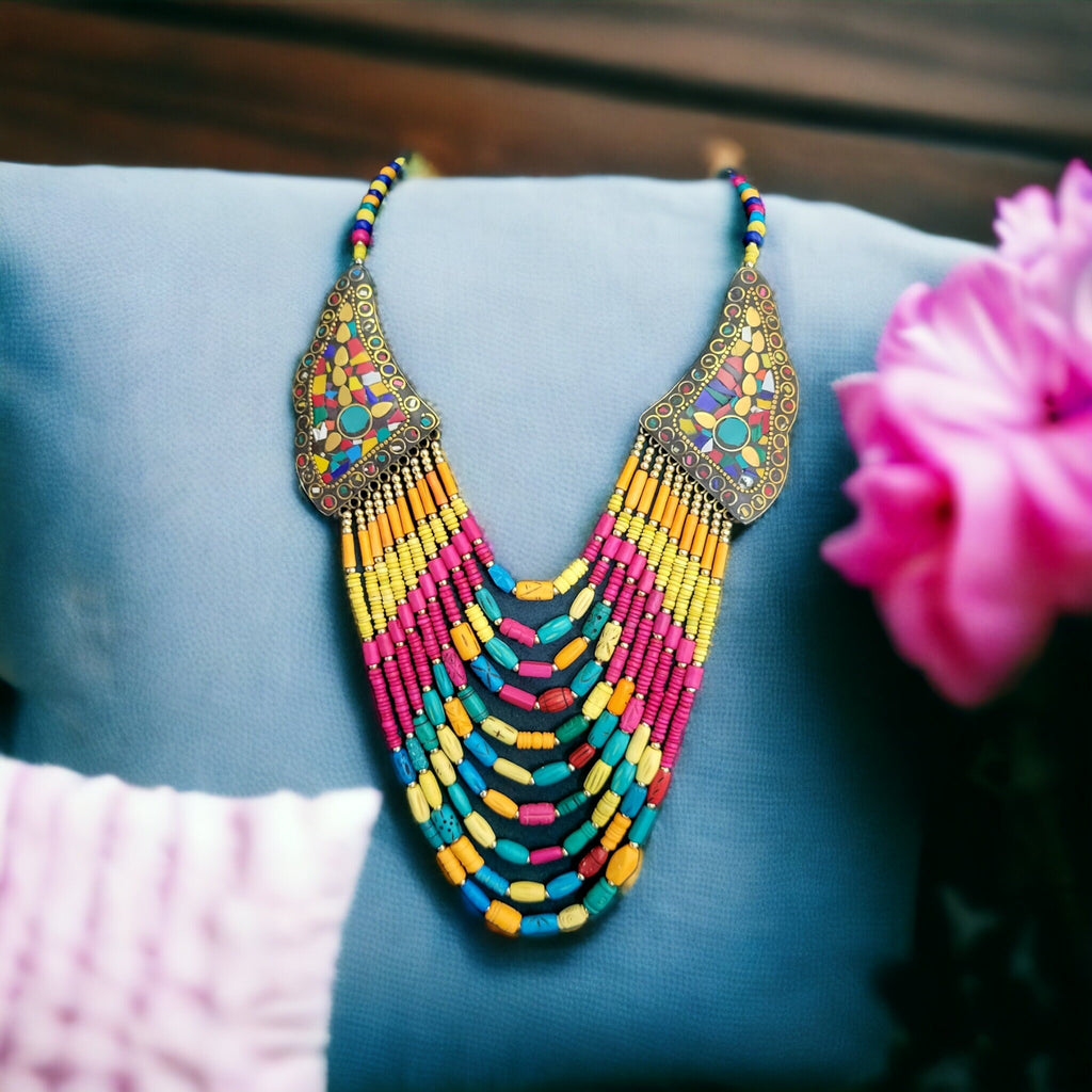 Nepalese Turquoise Beaded Necklace: Boho Ethnic Jewelry