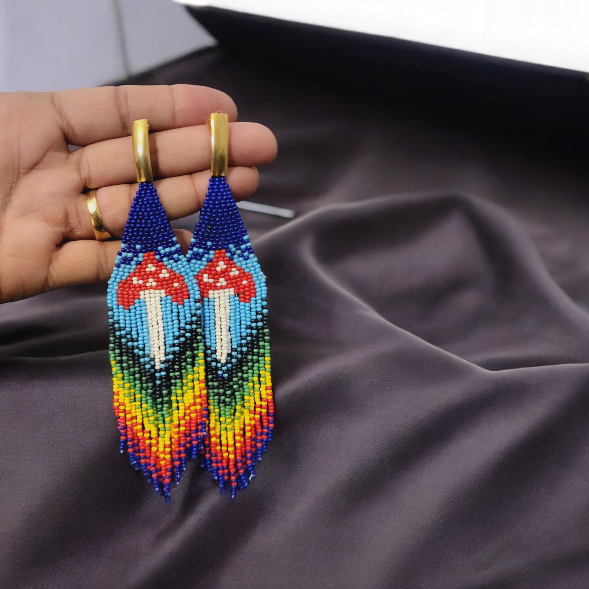 Beaded Mushroom Fringe Earrings: Toadstool Dangle Earrings