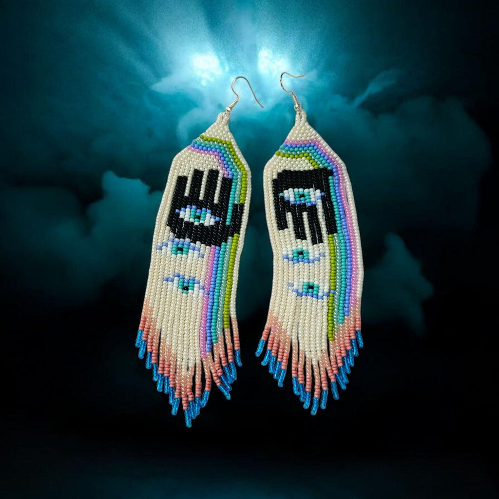Handmade Hamsa Evil Eye Beaded Earrings: Pastel Rainbow Fringe