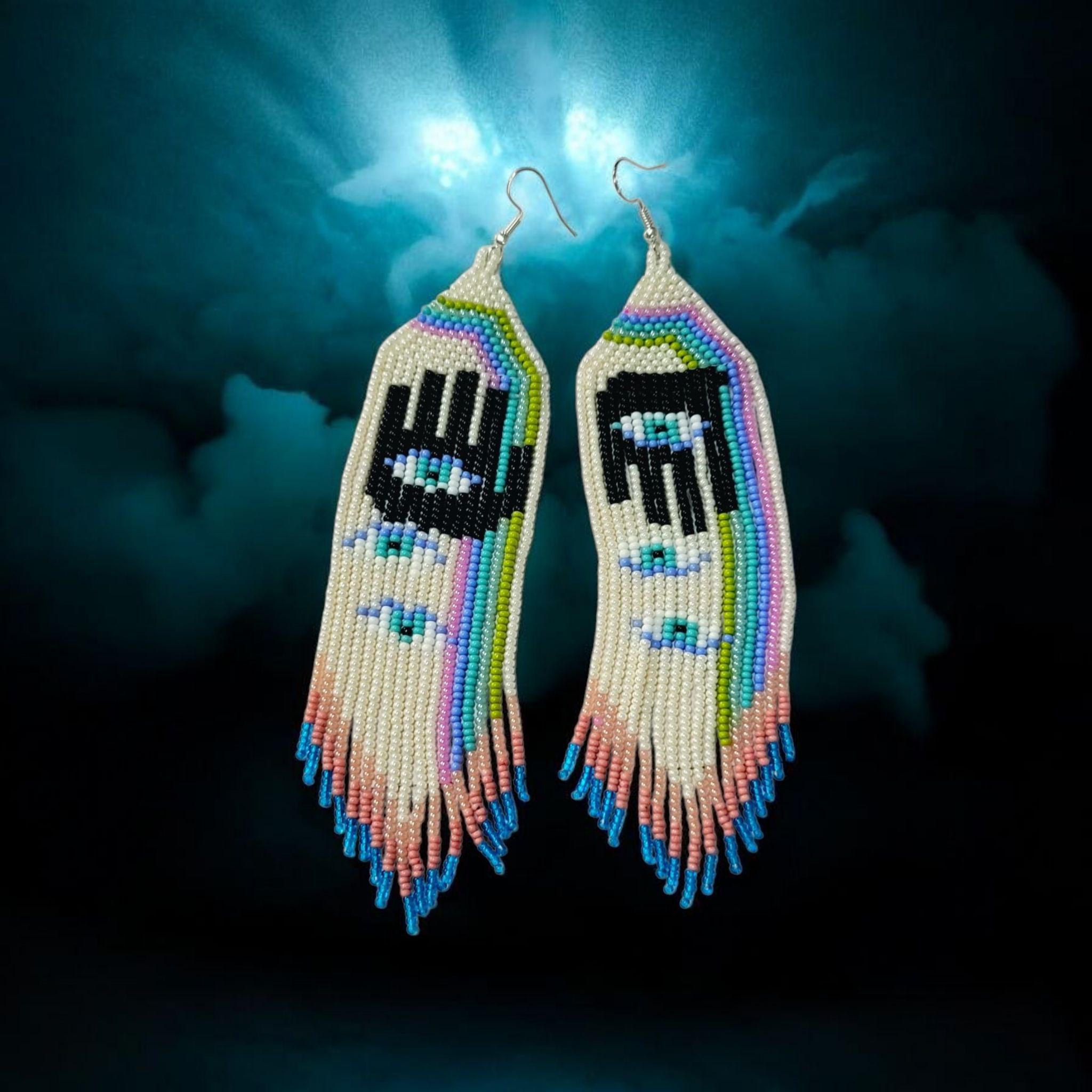 Handmade Hamsa Evil Eye Beaded Earrings: Pastel Rainbow Fringe