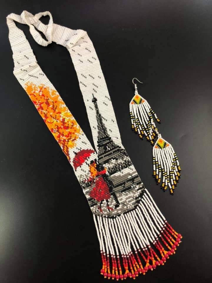 Handmade Beaded Necklace: Paris Eiffel Tower, Autumn Scene