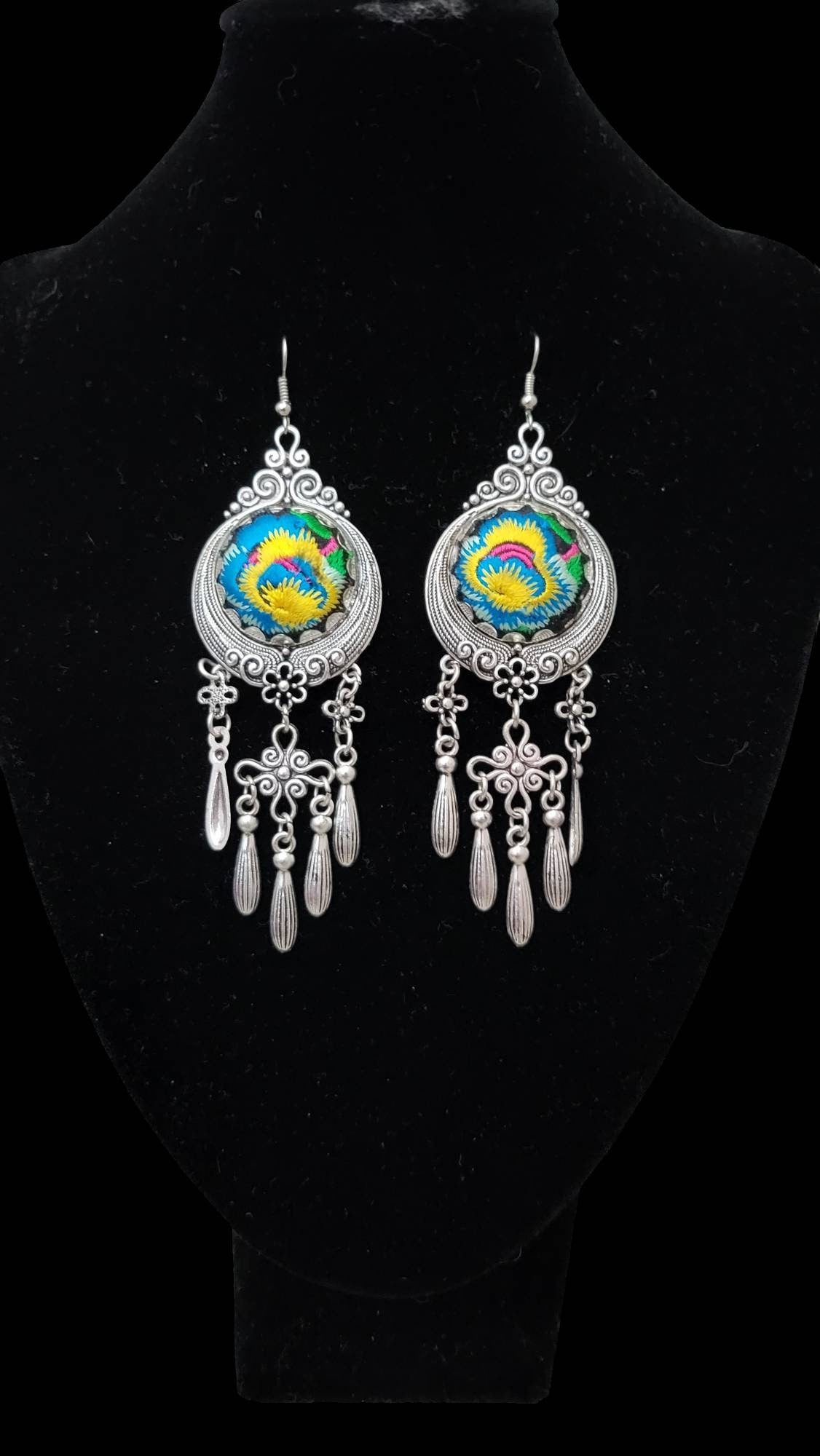 Miao Silver Dangle Earrings: Embroidered Flower, Ethnic Boho