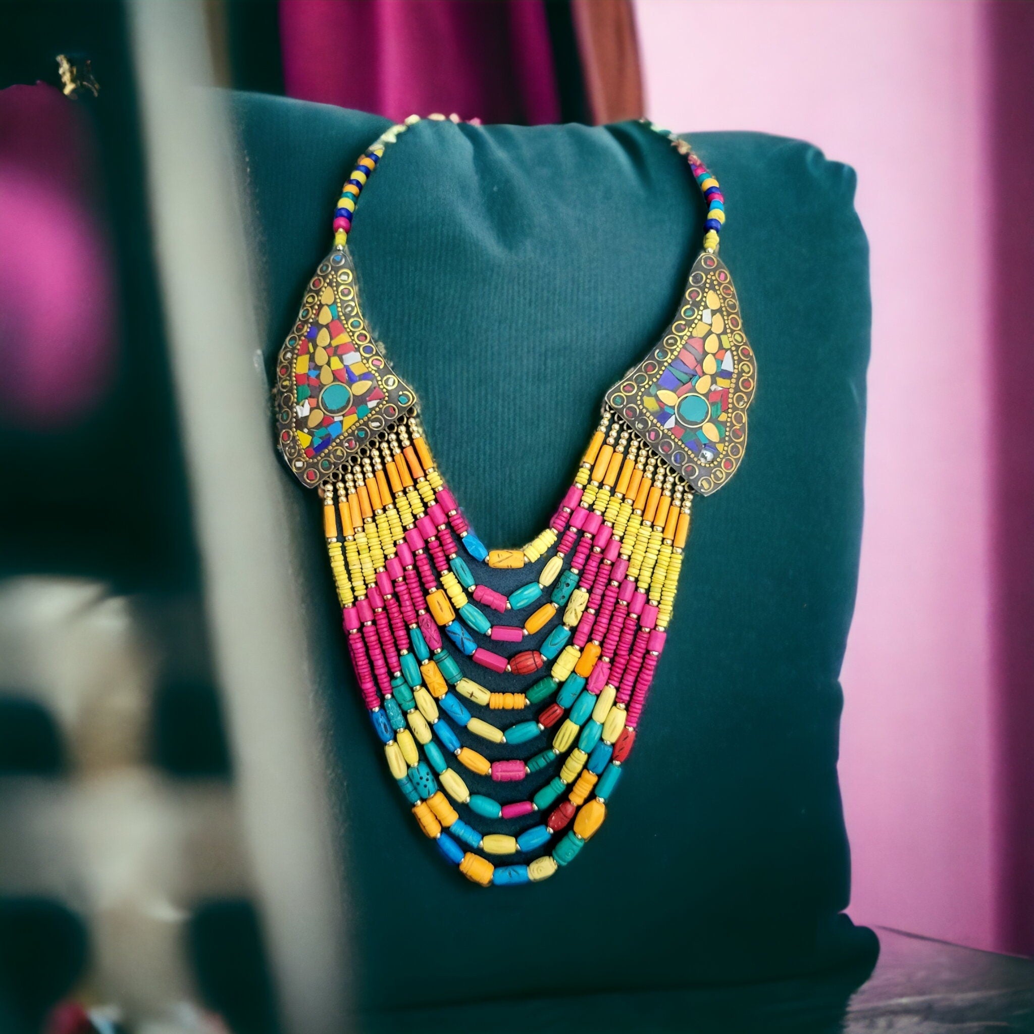 Nepalese Turquoise Beaded Necklace: Boho Ethnic Jewelry