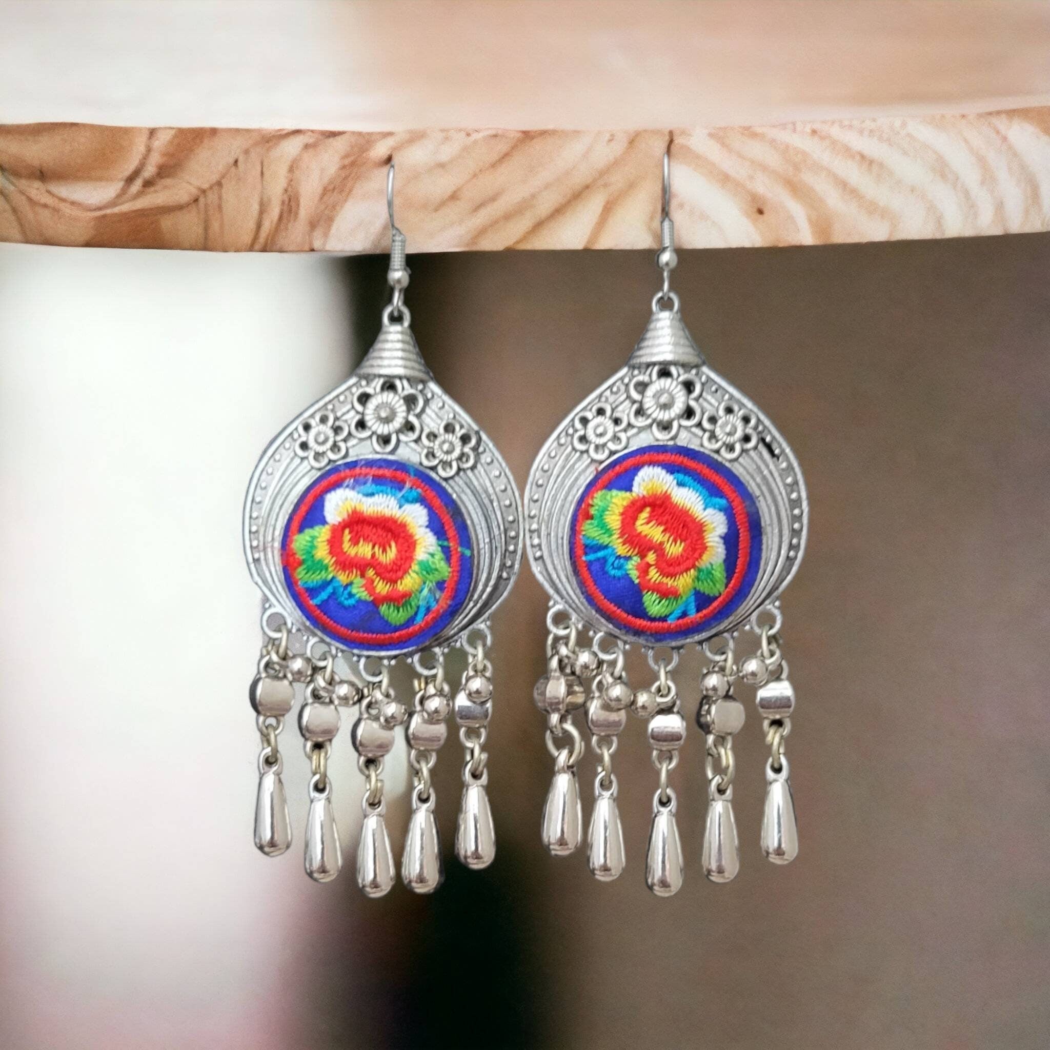 Miao Silver Flower Embroidery Earrings: Hmong Ethnic Dangle Earrings