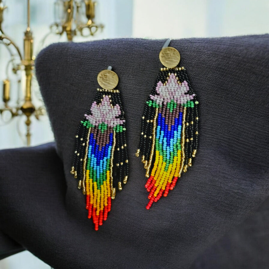 HANDMADE BEADED EARRING, Lotous design, Spirtual, Indian pattern,Fringe Earrings
