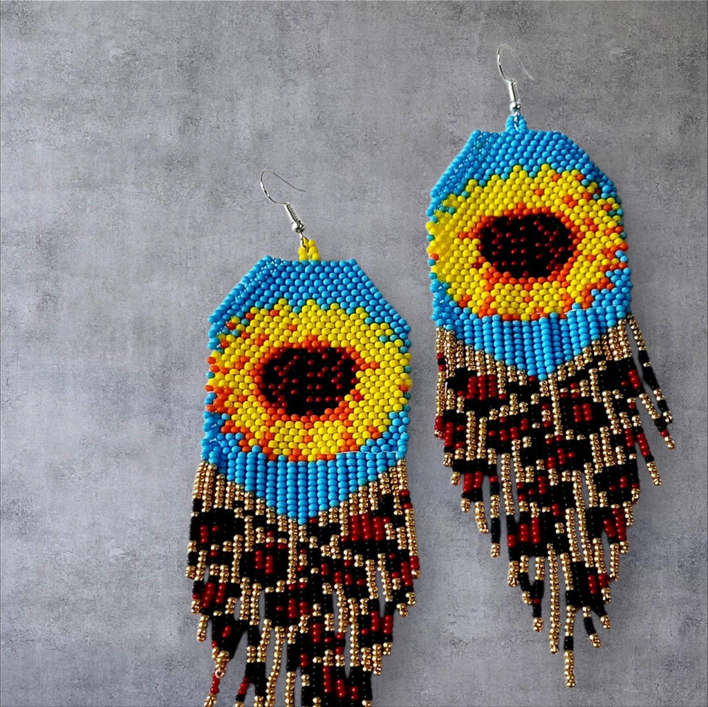 Handcrafted Sunflower Dangle Earrings,Beaded Fringe Earrings, Gerdan Style,Unique Boho Jewelry,Gift for Her