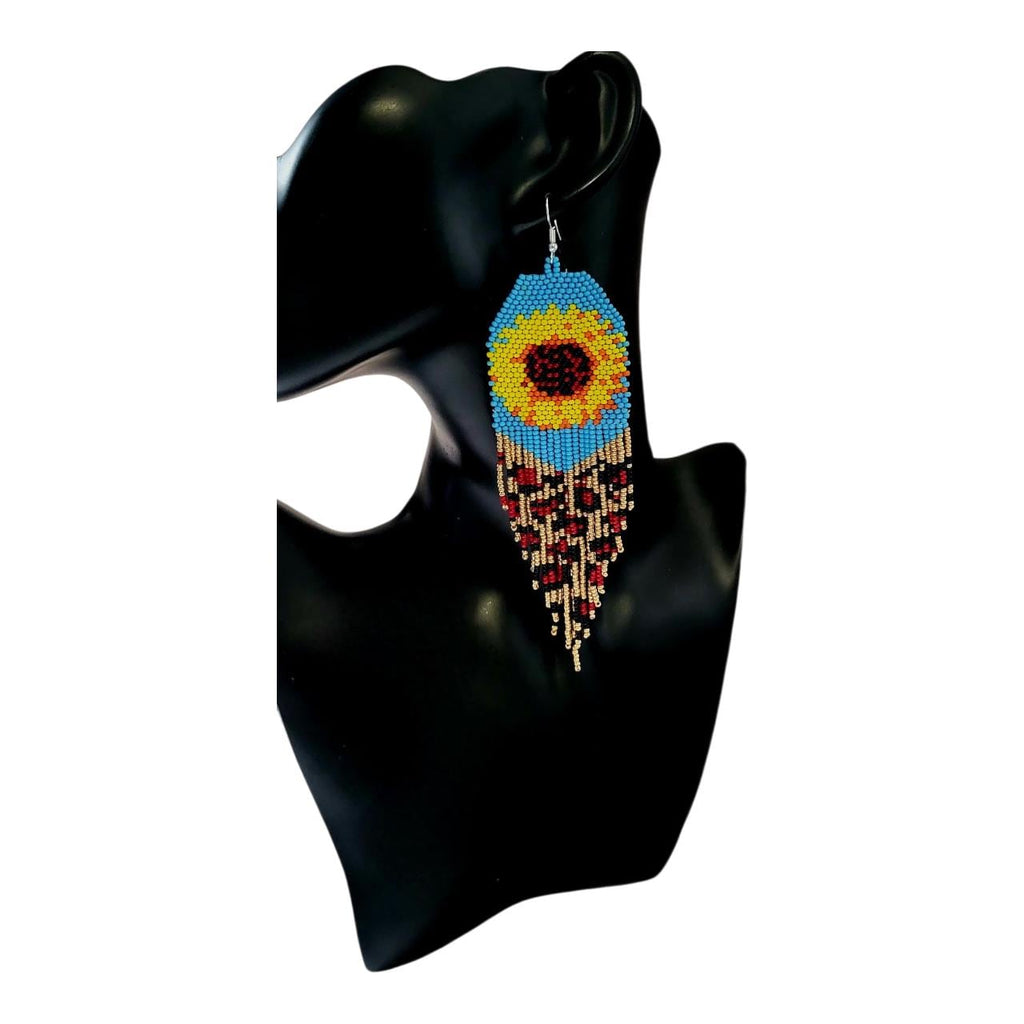 Handcrafted Sunflower Dangle Earrings,Beaded Fringe Earrings, Gerdan Style,Unique Boho Jewelry,Gift for Her