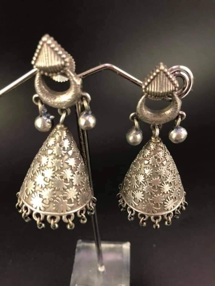 Floral Carved Jhumki Earrings: Silver Tone Indian Boho Jewelry