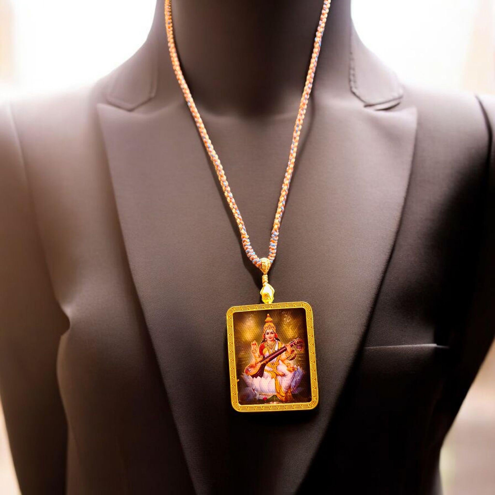 Divine Saraswati Pendant on Adjustable Woven Chain | Hindu Goddess of Arts and Wisdom Necklace