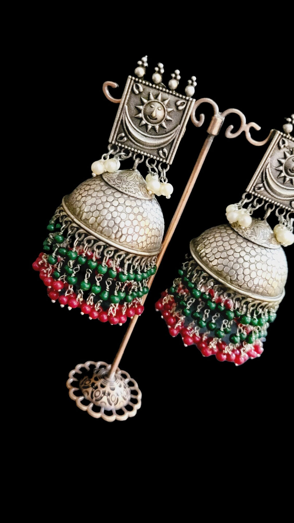 Handmade Indian Jhumka Earrings: Sun Motif, Crystal Beads