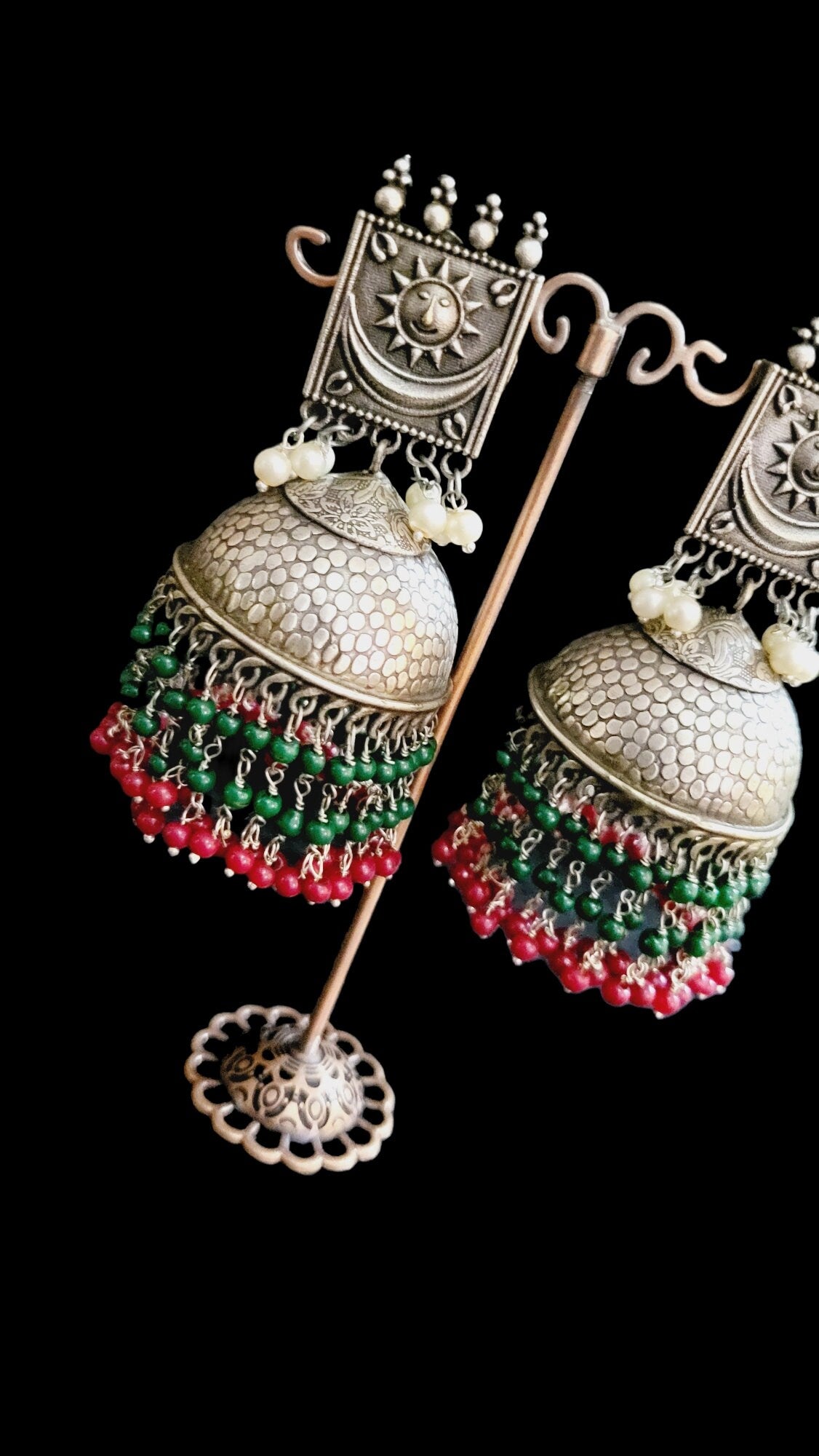 Handmade Indian Jhumka Earrings: Sun Motif, Crystal Beads