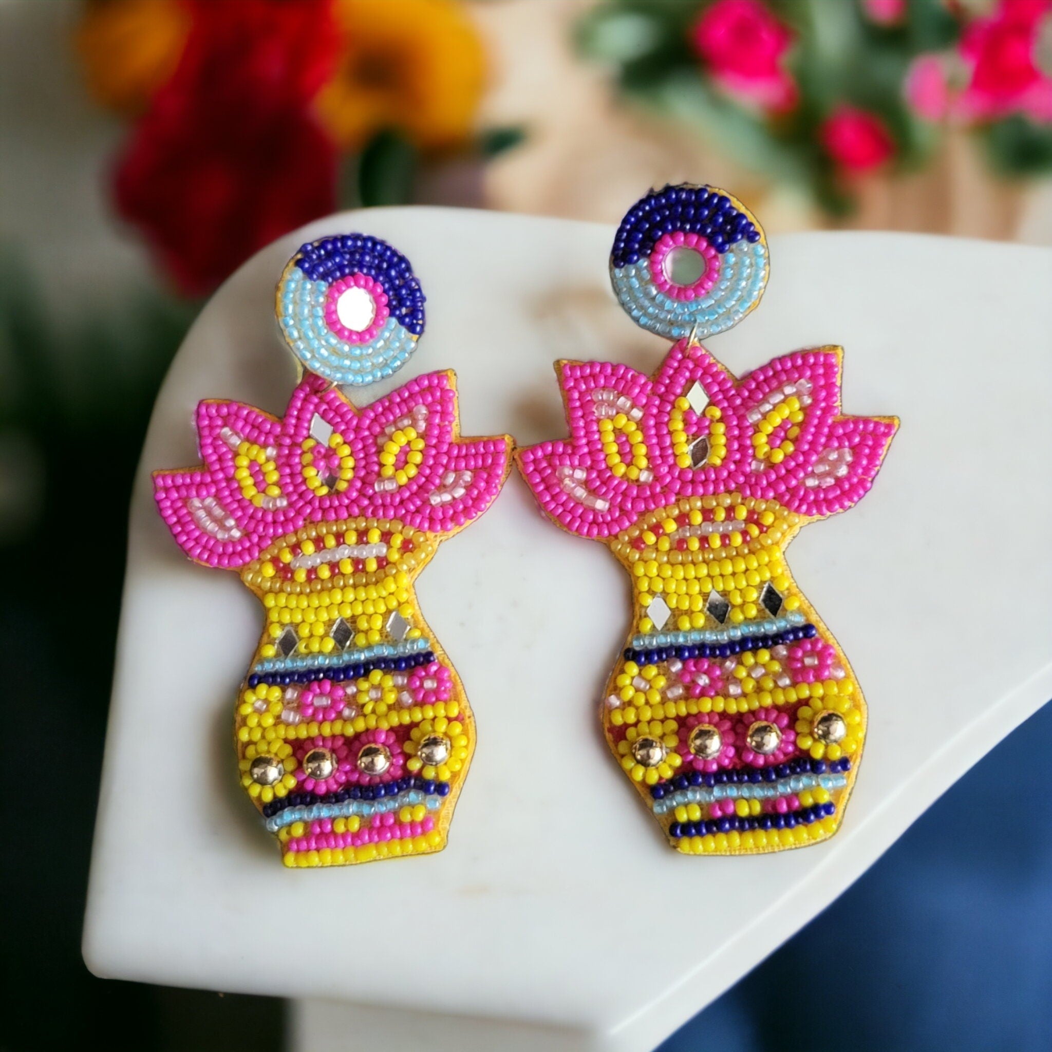 Colorful Beaded Flower Pot Earrings - Handcrafted Statement Jewelry