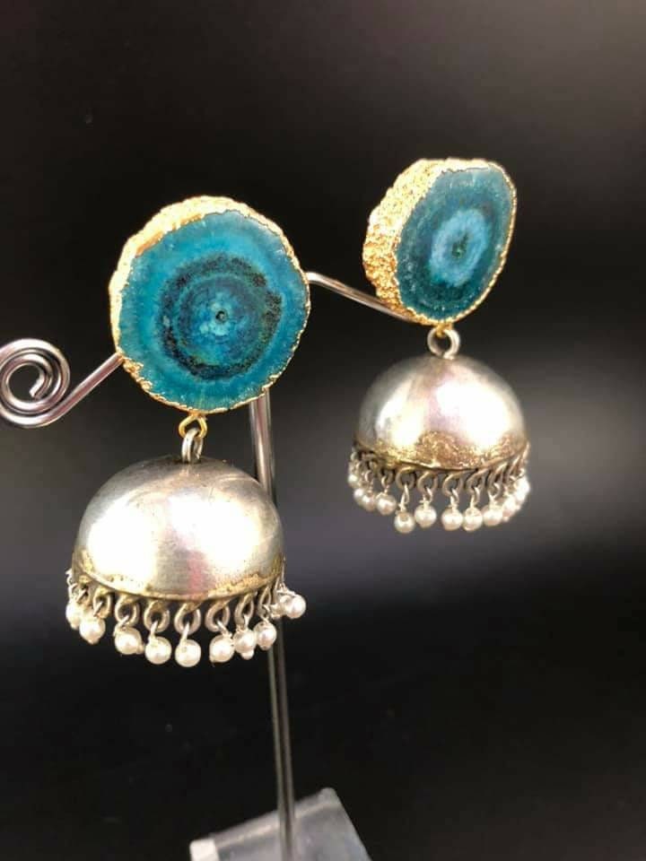 Srebrne kolczyki Jhumki: Kamień Turkusowy Druzy, Indyjska Biżuteria Boho