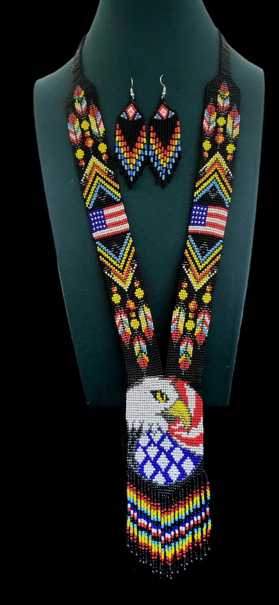 Handmade Beaded Loom Necklace: American Flag with Majestic Eagle