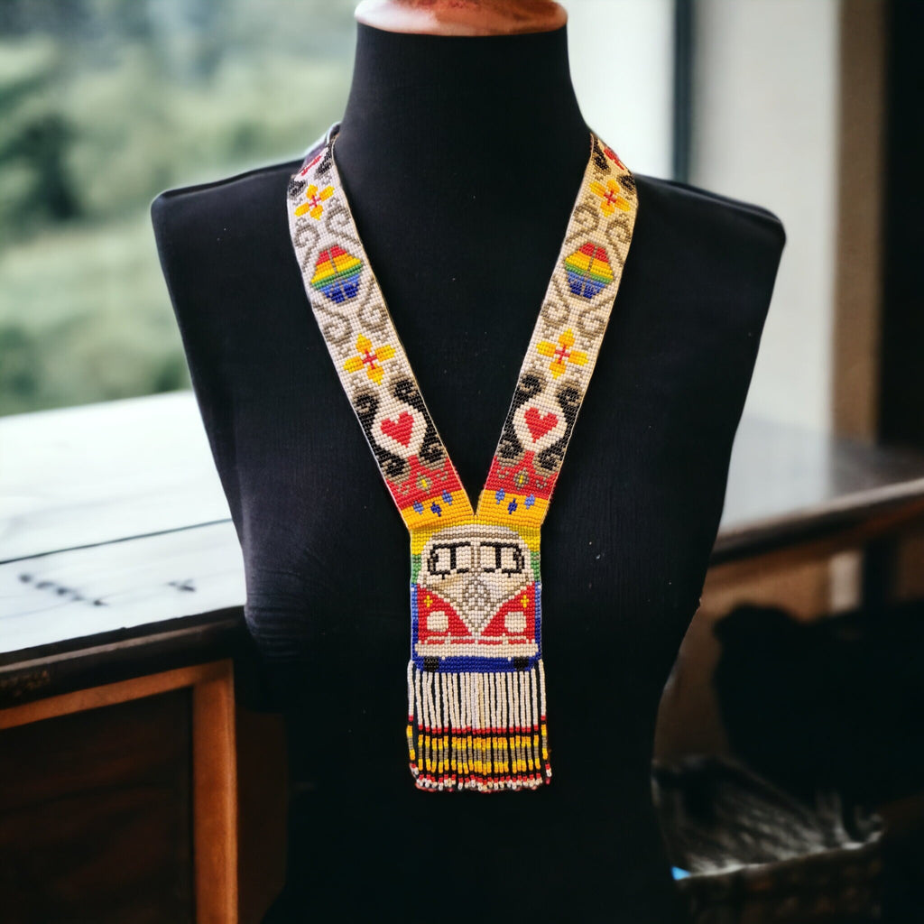 Rainbow Seed Bead Necklace: Boho Hippie VW Bus Pendant