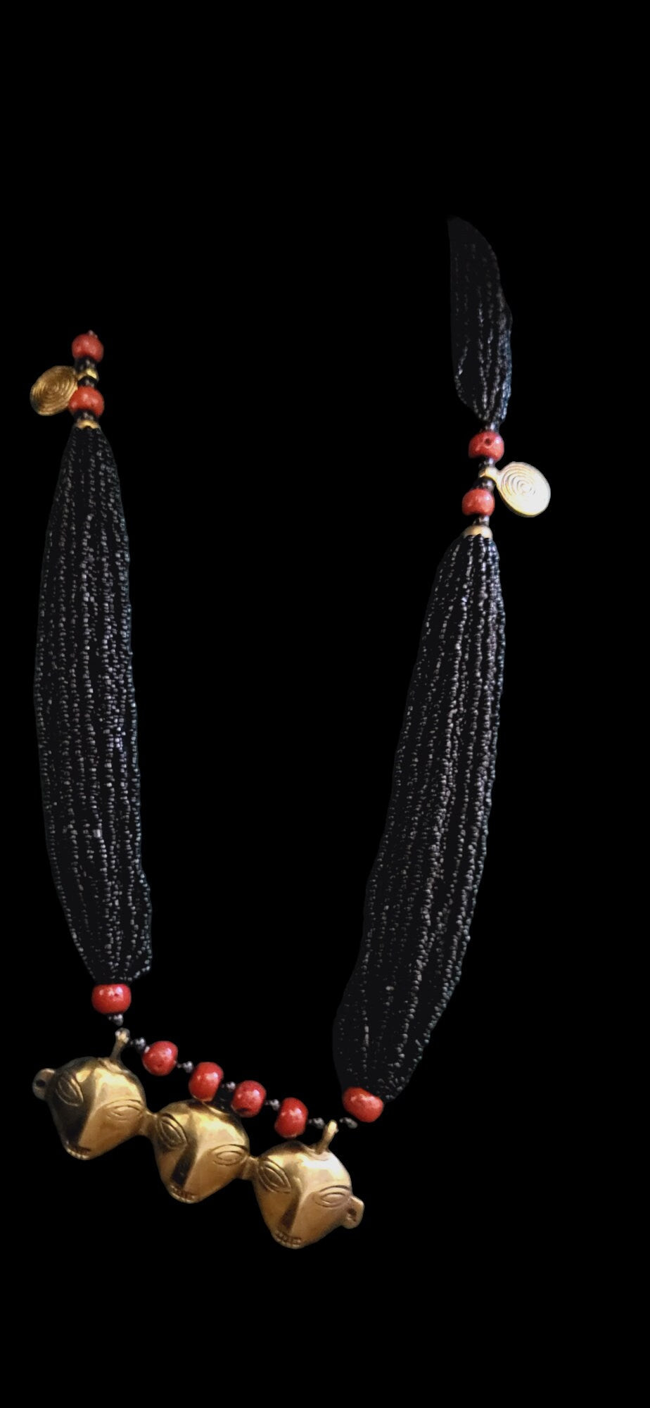Tribal Mask Pendant Necklace: Bronze Bells, Coral Beads, Ethnic Jewelry
