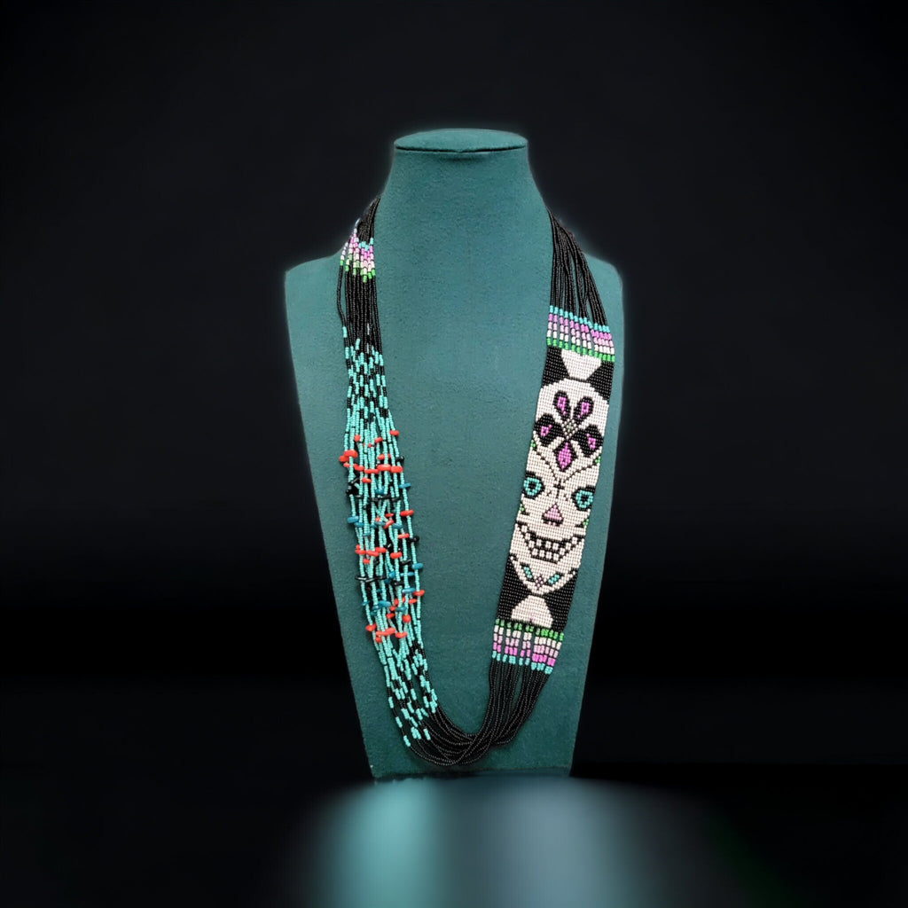 Handmade Seed Bead Sugar Skull Necklace with Earrings