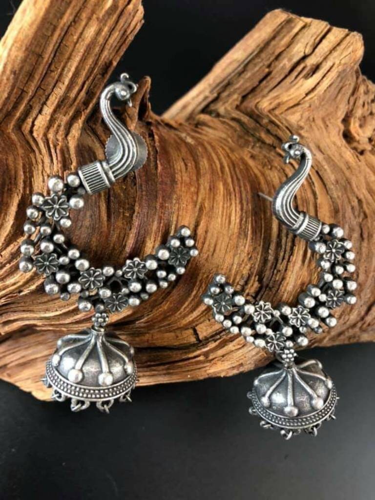 Peacock Jhumka Earrings with Ear Chains: German Silver Ethnic Jewelry