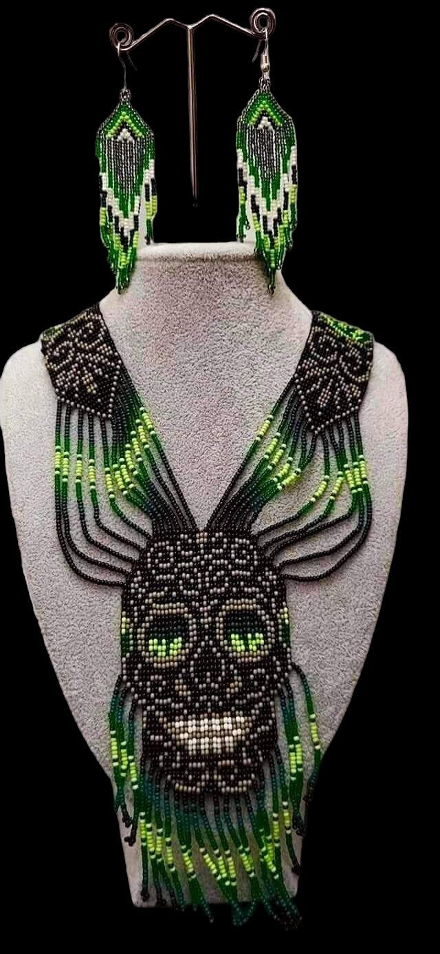 Handmade Seed Bead Skull Necklace: Ethnic Beaded Jewelry Set