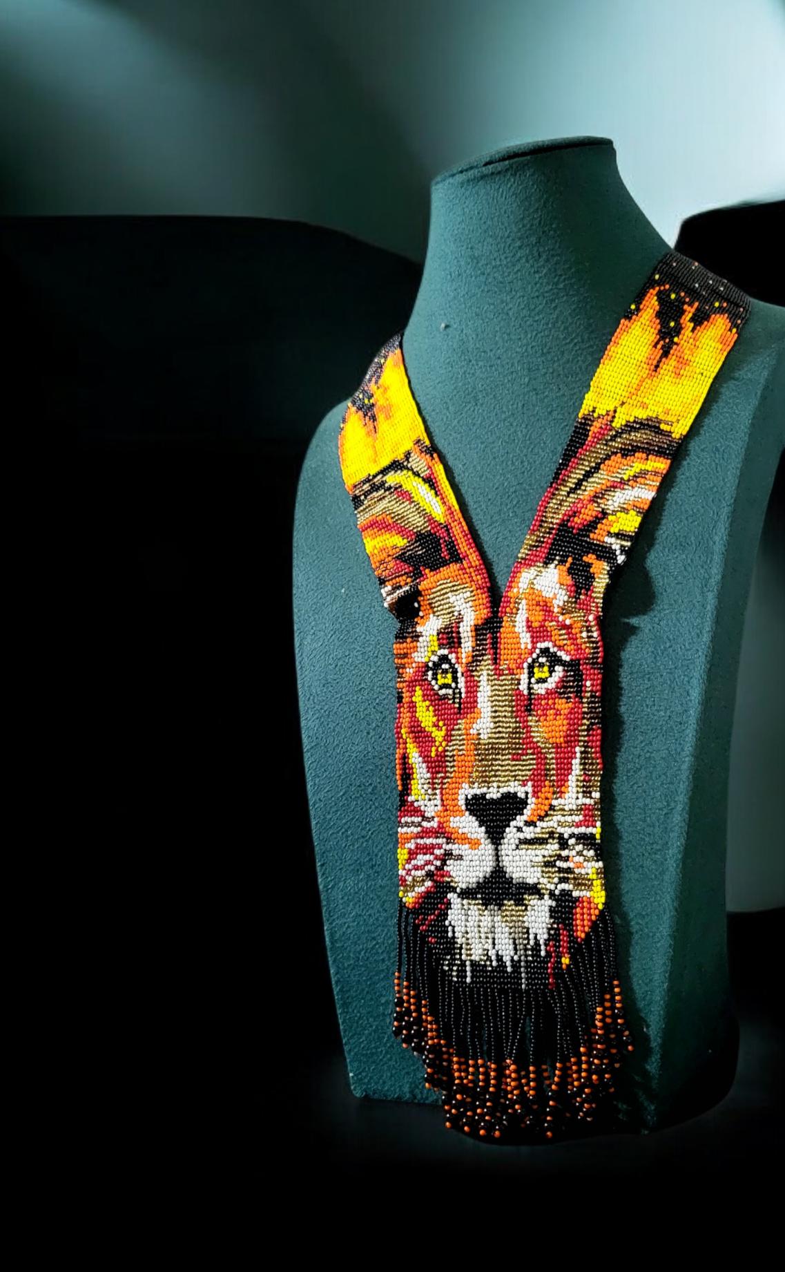 Handmade Beaded Lion Necklace: Ethnic Woven Seed Bead Pendant