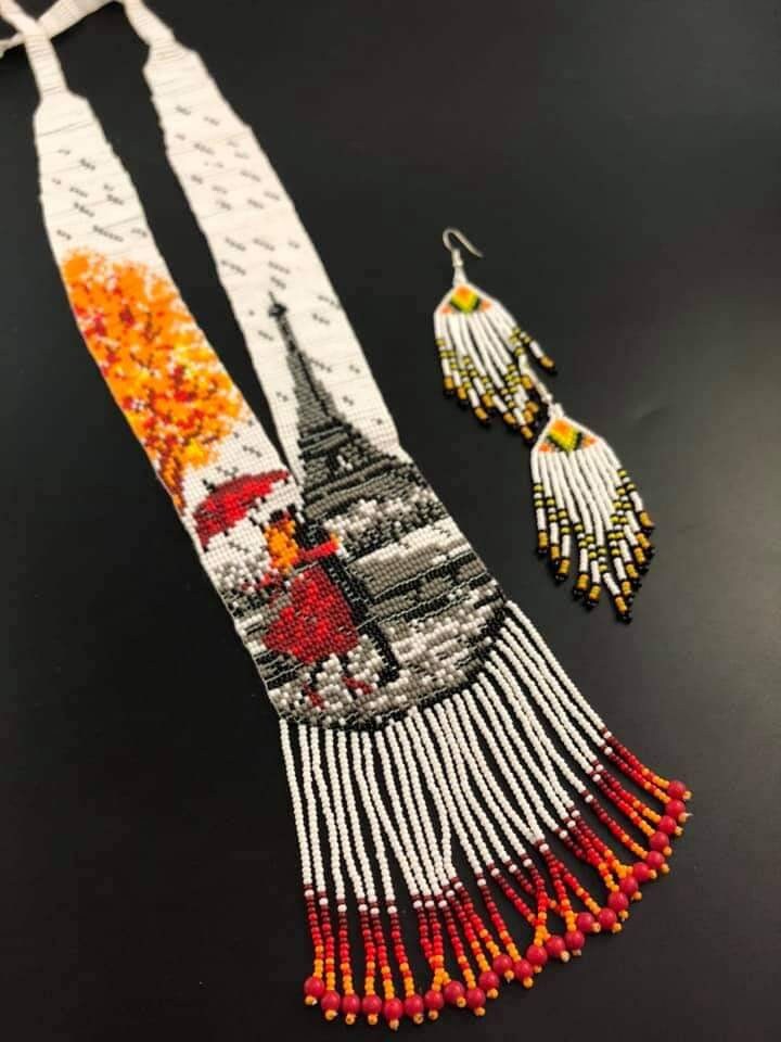 Handmade Beaded Necklace: Paris Eiffel Tower, Autumn Scene