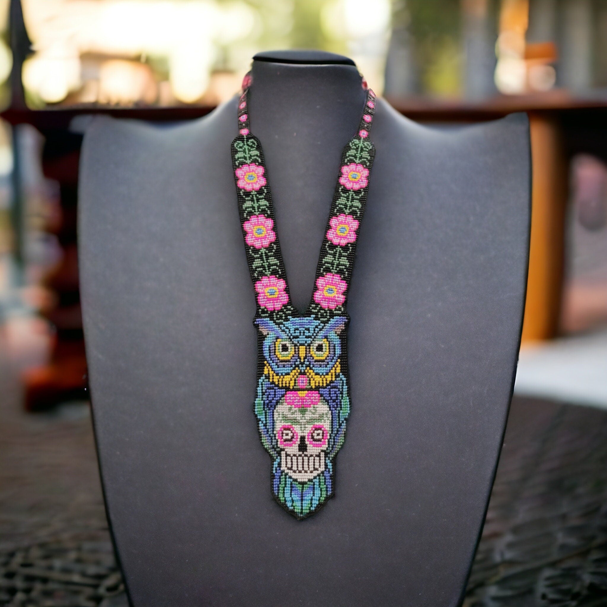 Handmade Beaded Owl Necklace: Skull Motif, Floral Chain