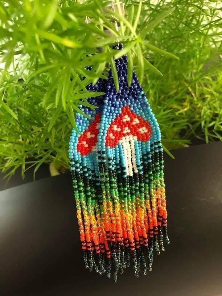 Beaded Mushroom Fringe Earrings: Toadstool Dangle Earrings