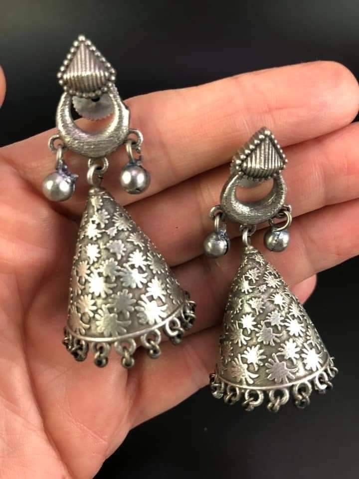 Floral Carved Jhumki Earrings: Silver Tone Indian Boho Jewelry