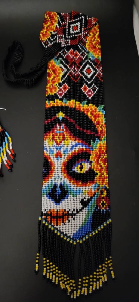 Handmade Seed Bead Sugar Skull Necklace with Earrings