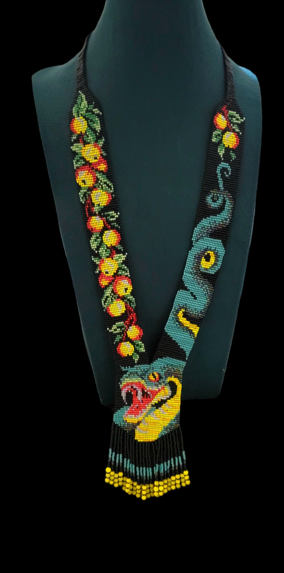 Artisan Loom Beaded Necklace with Serpent and Fruit Motifs