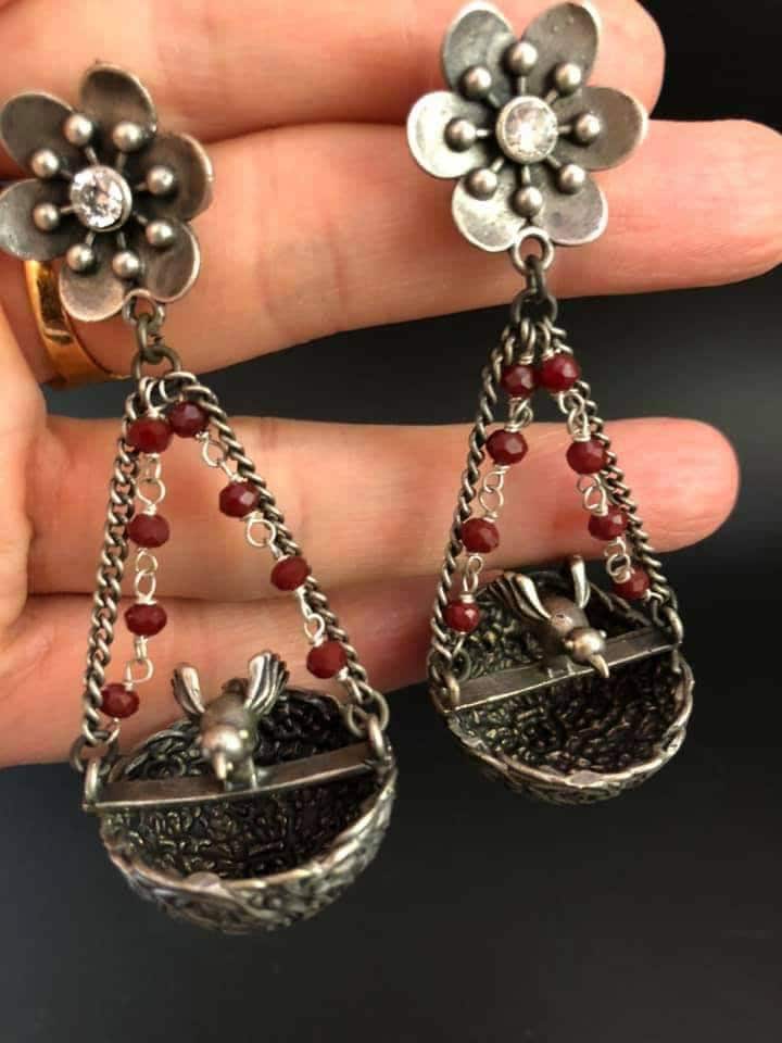 Handmade Bird Nest Earrings: Silver Metal Dangle Earrings