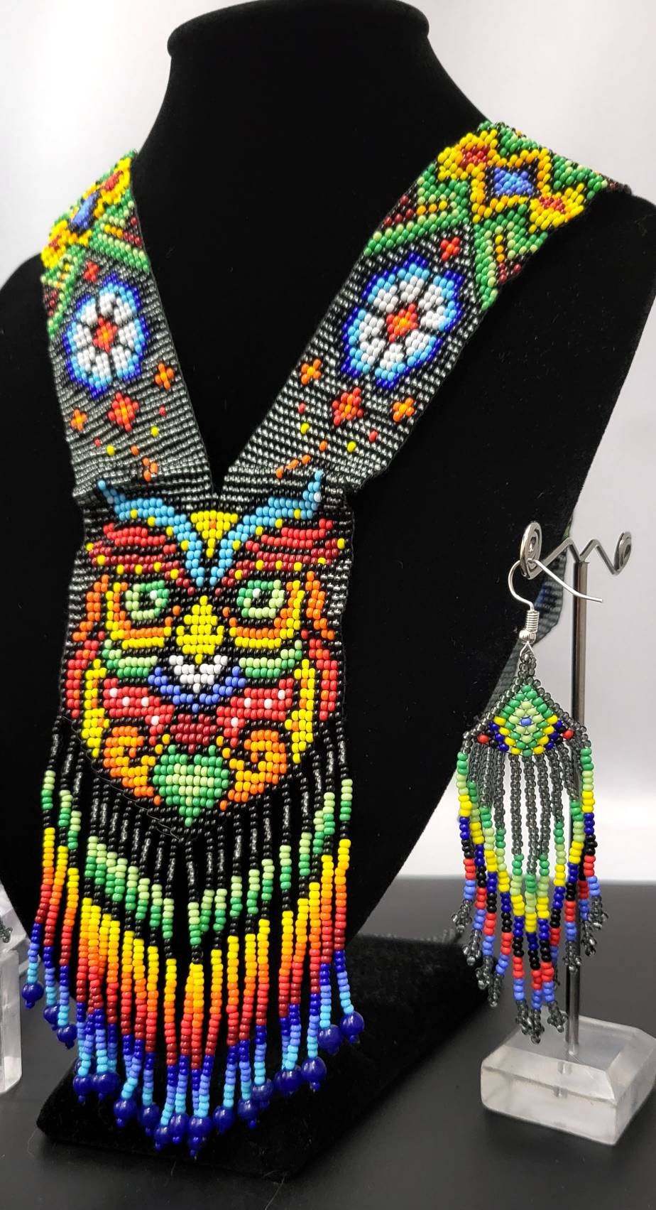 Handmade Beaded Owl Necklace: Rainbow Jewelry with Earrings