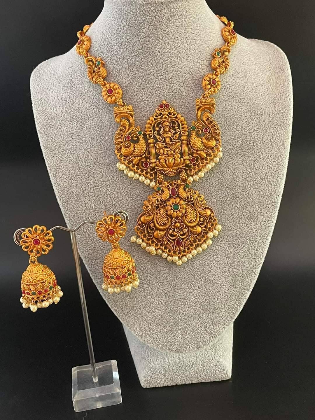 Gold Plated Laxmi Necklace Set: Brass Hindu Goddess Jewelry